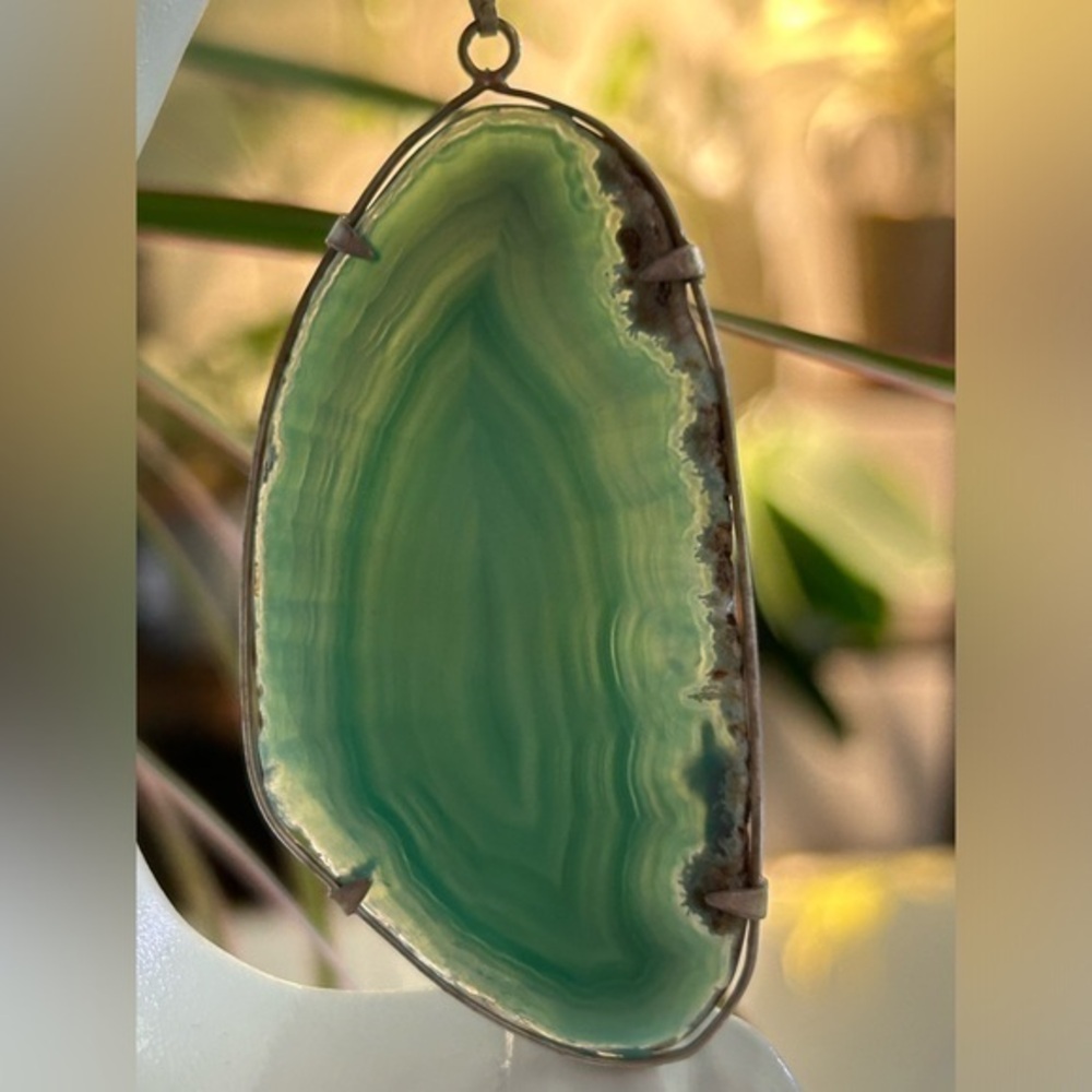 🍀 Sliced Agate Stone Statement Necklace Healing Crystal Gypsy Faire Pendant